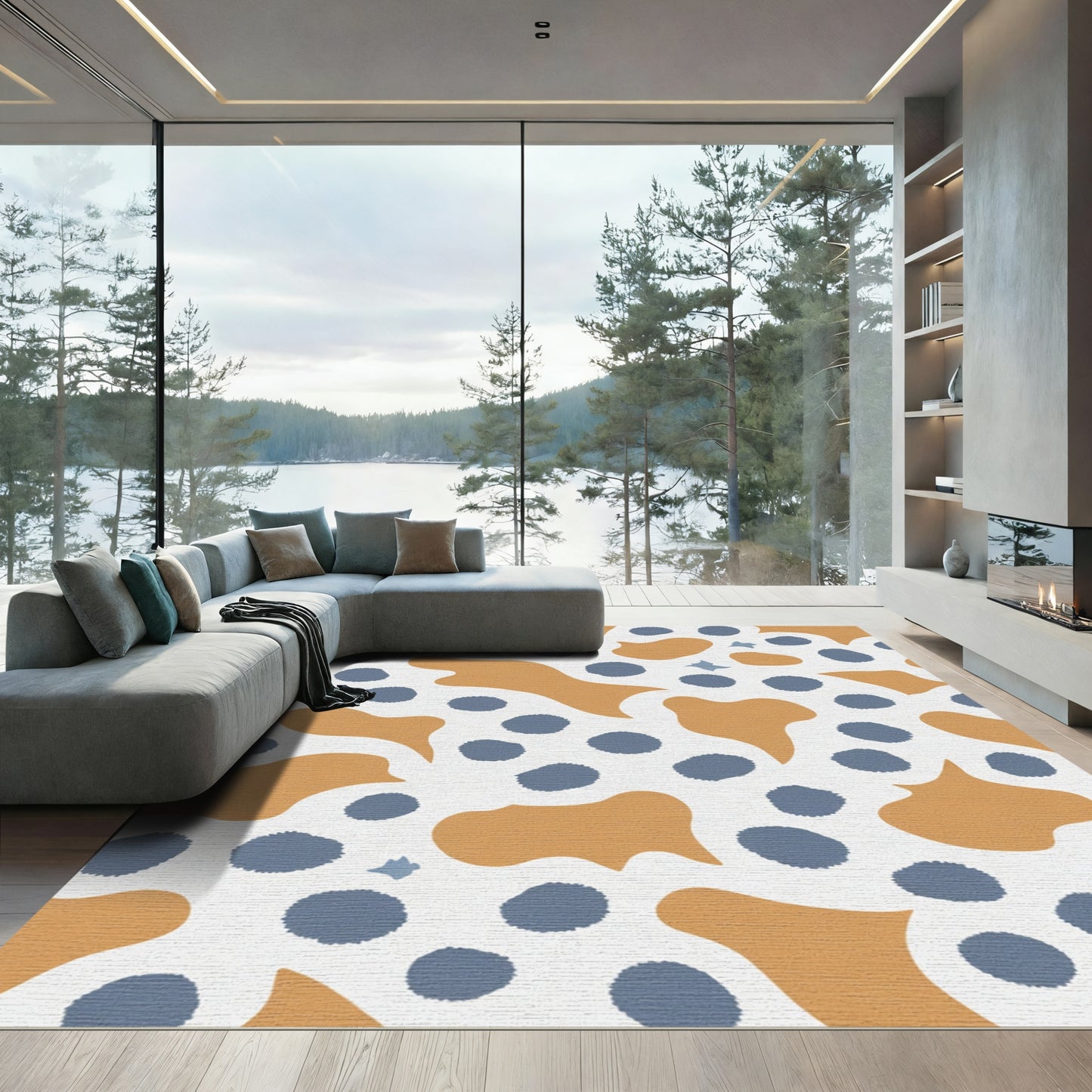 Teal Blue Ochre Blob Scatter Rug
