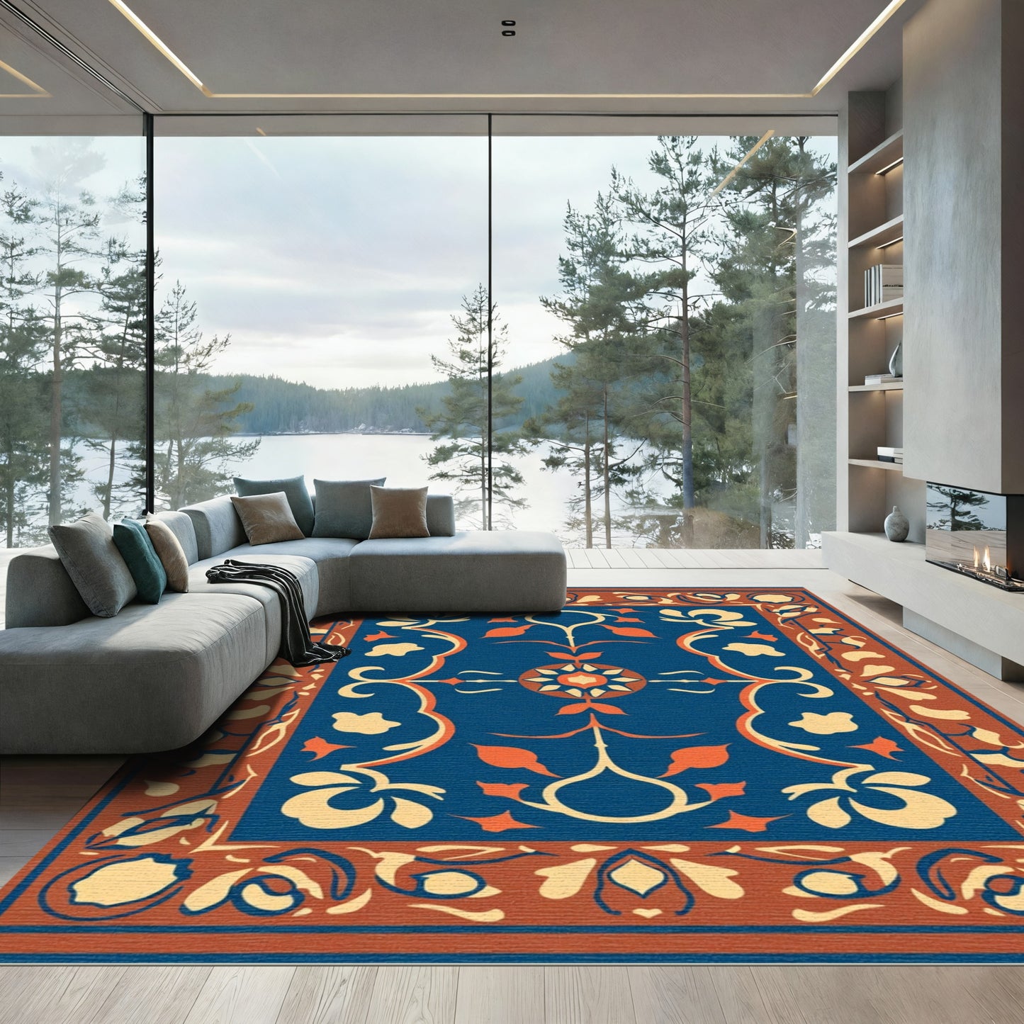 Deep Blue Amber Floral Scroll Rug