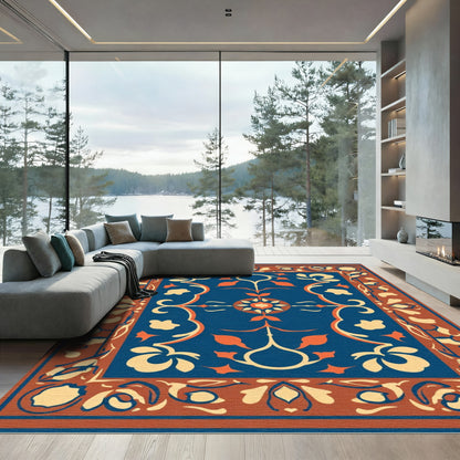 Deep Blue Amber Floral Scroll Rug