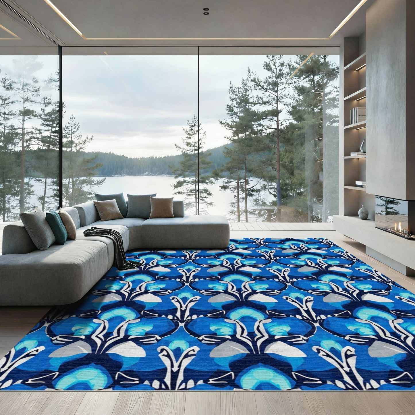 Art Deco Cobalt Blue Geometric Scallop Rug