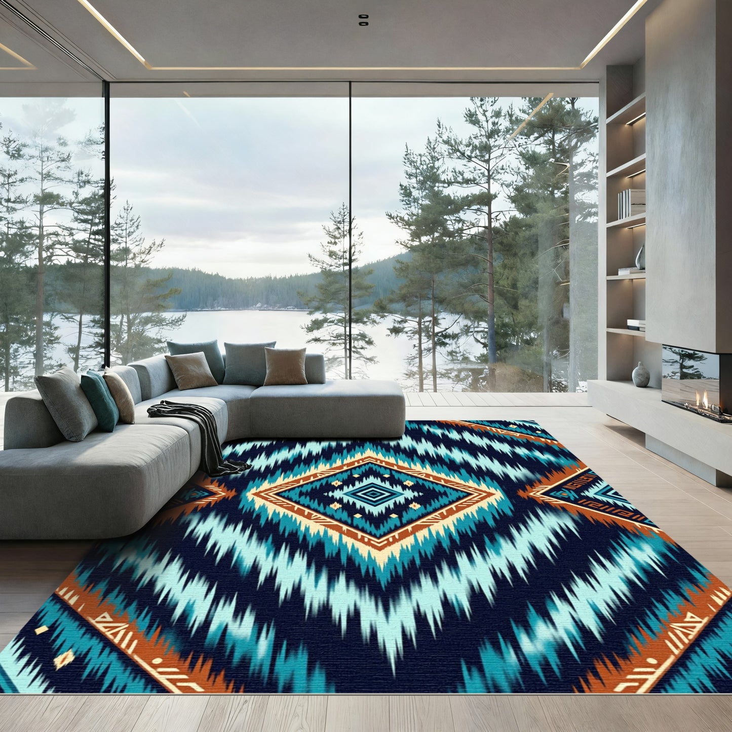 Teal Blue Geometric Ikat Diamond Rug