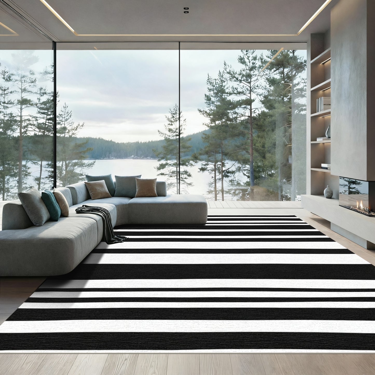Bold Black White Uneven Stripe Rug