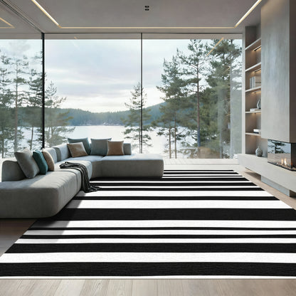 Bold Black White Uneven Stripe Rug