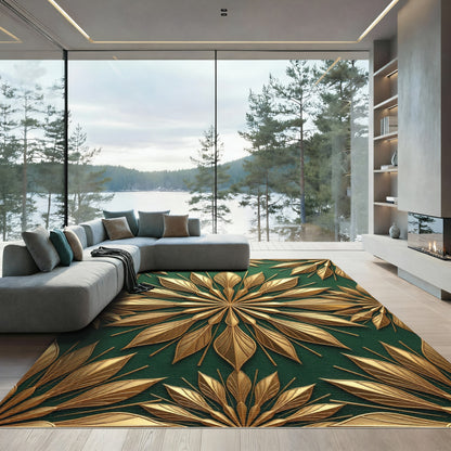 Elegant Gold Leaf Burst Emerald Backdrop Rug