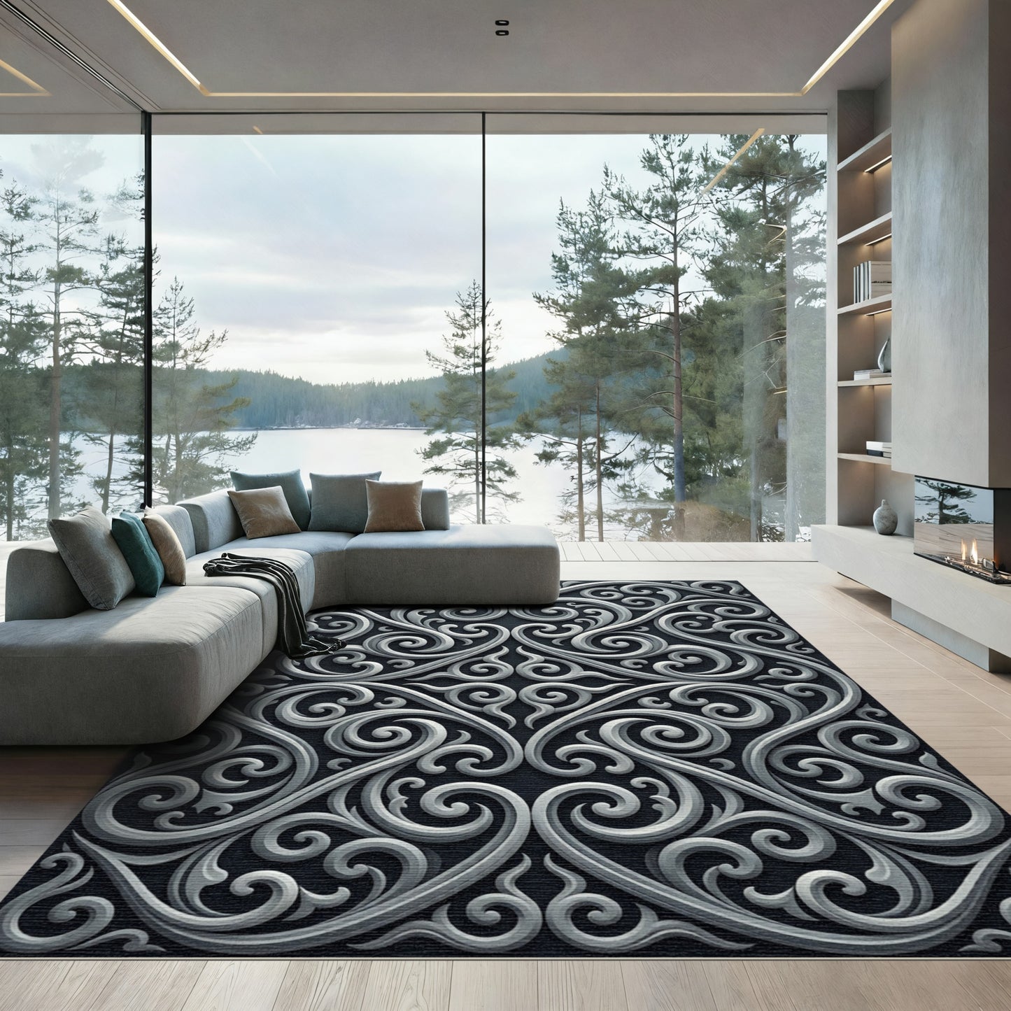Elegant Gray Silver Baroque Swirl Rug