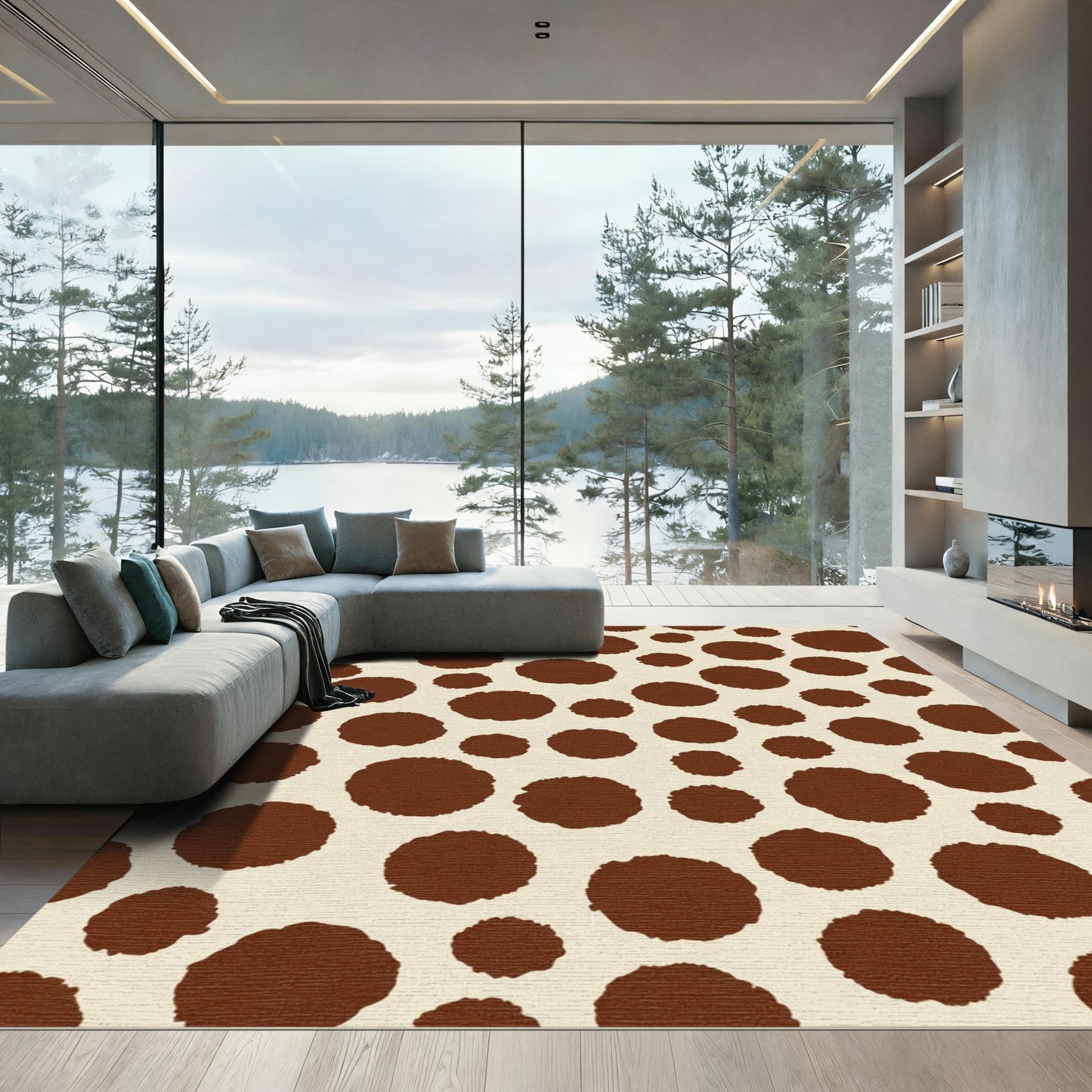 Brown Spotted Cream Abstract Circles Rug