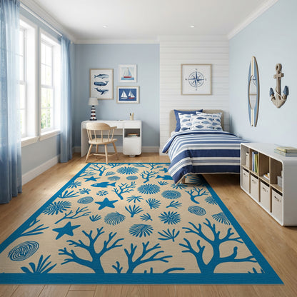 Whimsical Blue Coral Starfish Seashell Rug