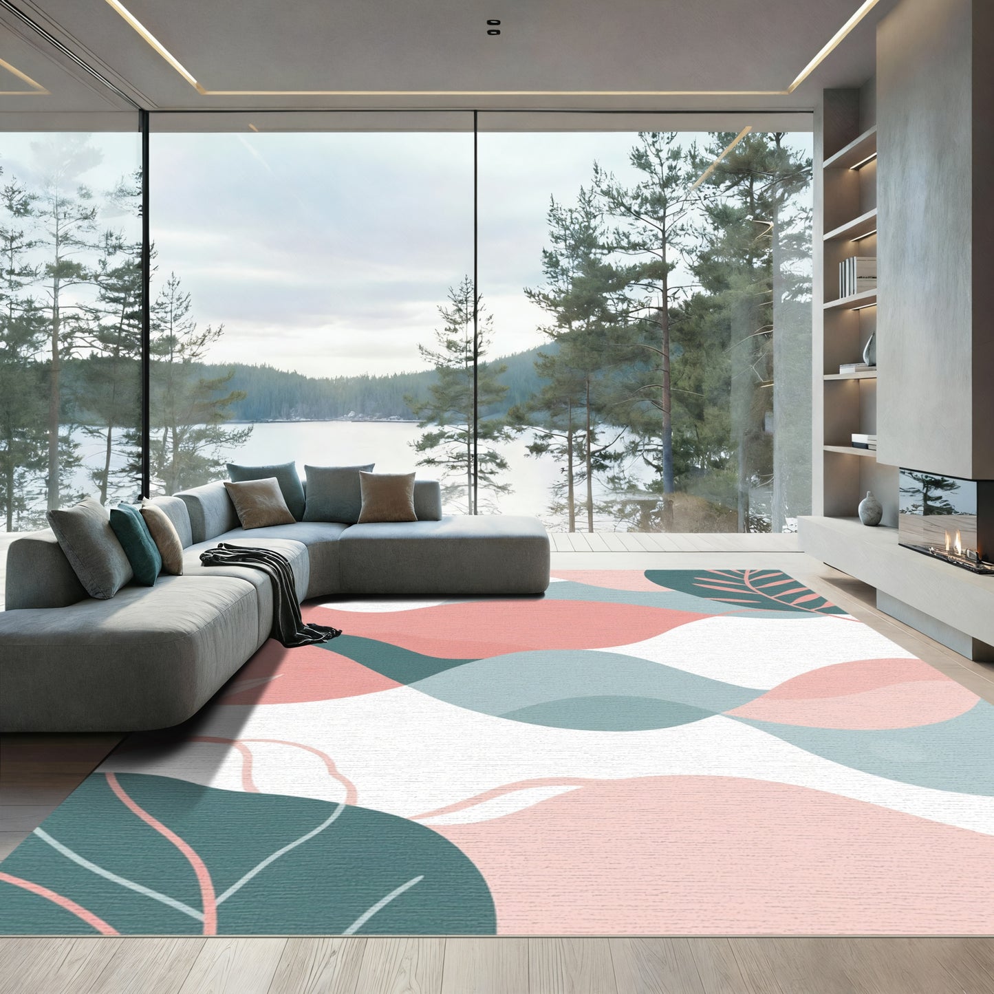Blush Teal Abstract Organic Waves Rug