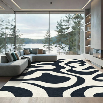 Cream And Navy Abstract Swirls Rug