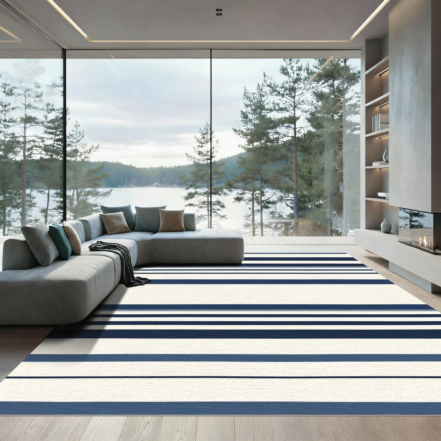 Bold Navy Blue Tonal Stripe Rug