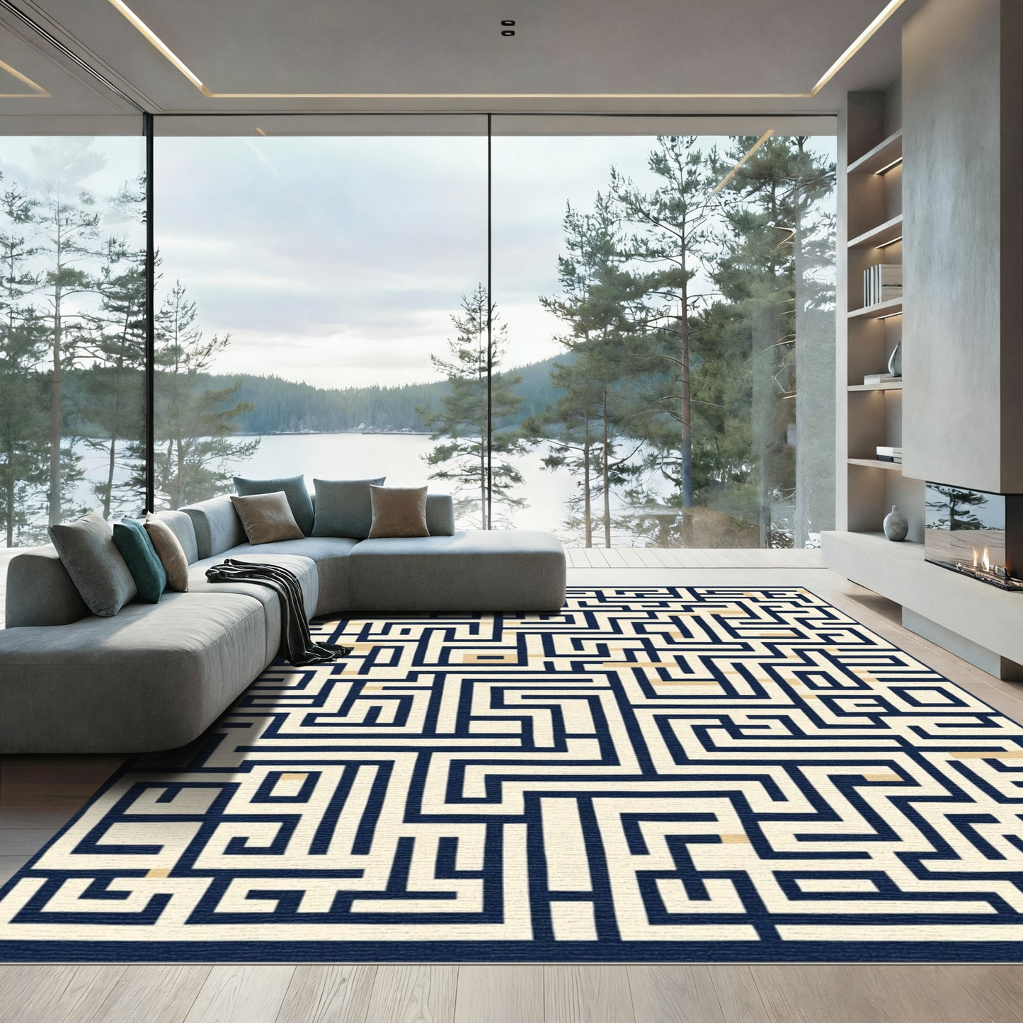 Navy Blue Cream Labyrinth Maze Rug
