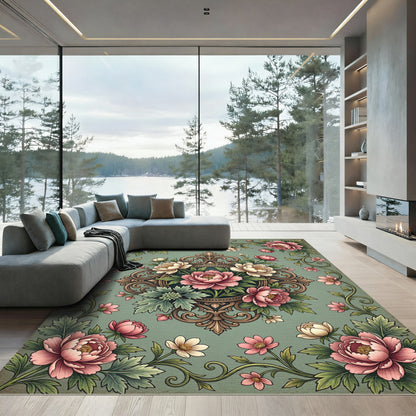 Vintage Dusty Sage Peony Medallion Rug