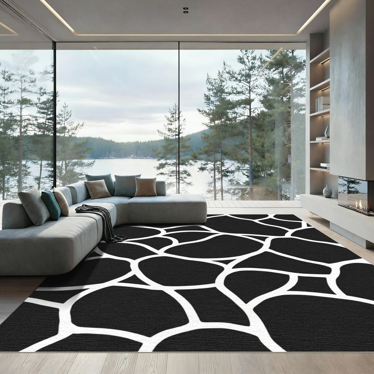 Black White Irregular Organic Shapes Rug