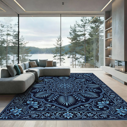 Deep Blue Floral Mandala Inlay Rug
