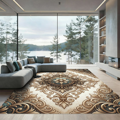 Elegant Gold Scrollwork Medallion Teal Area Rug