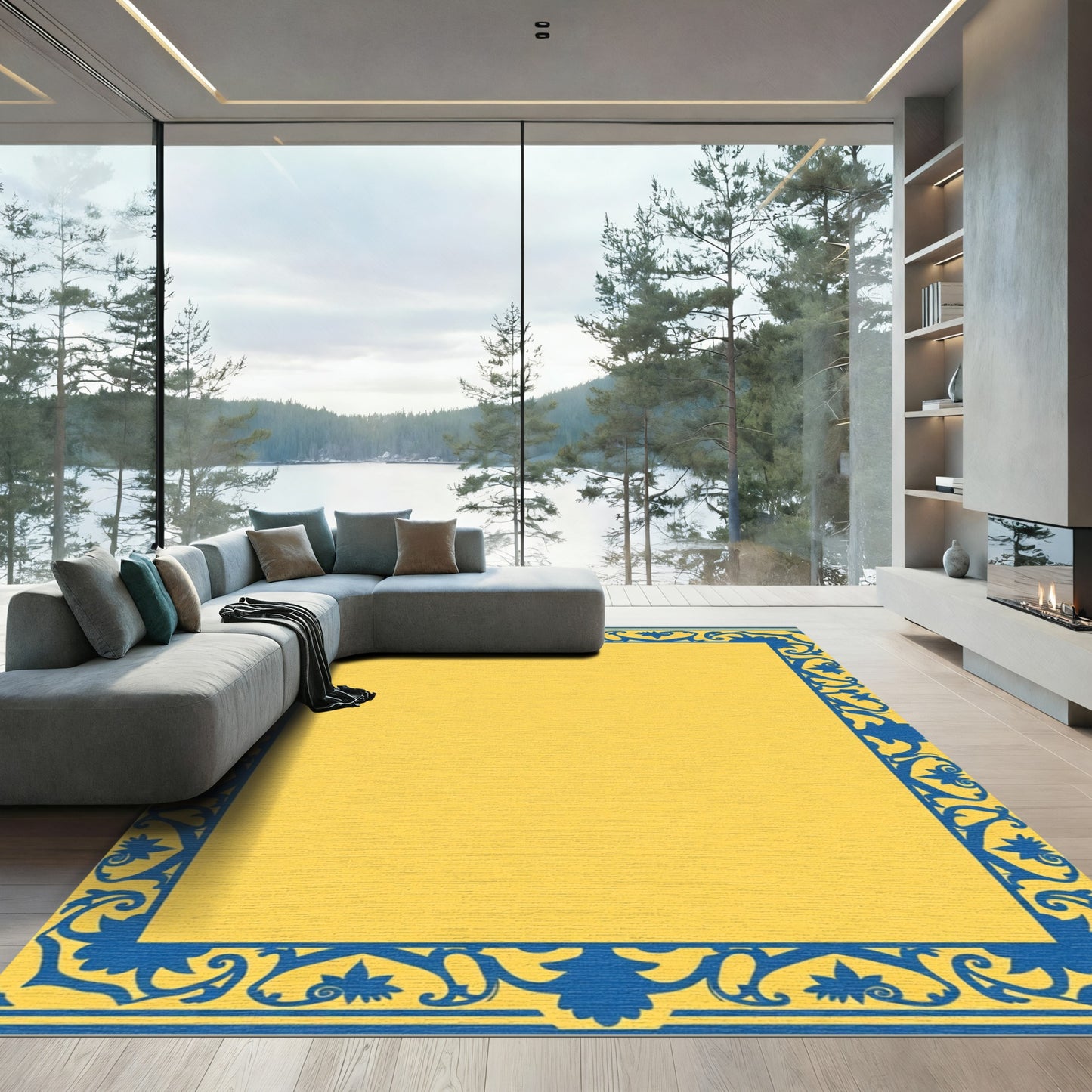 Golden Yellow Blue Floral Border Rug
