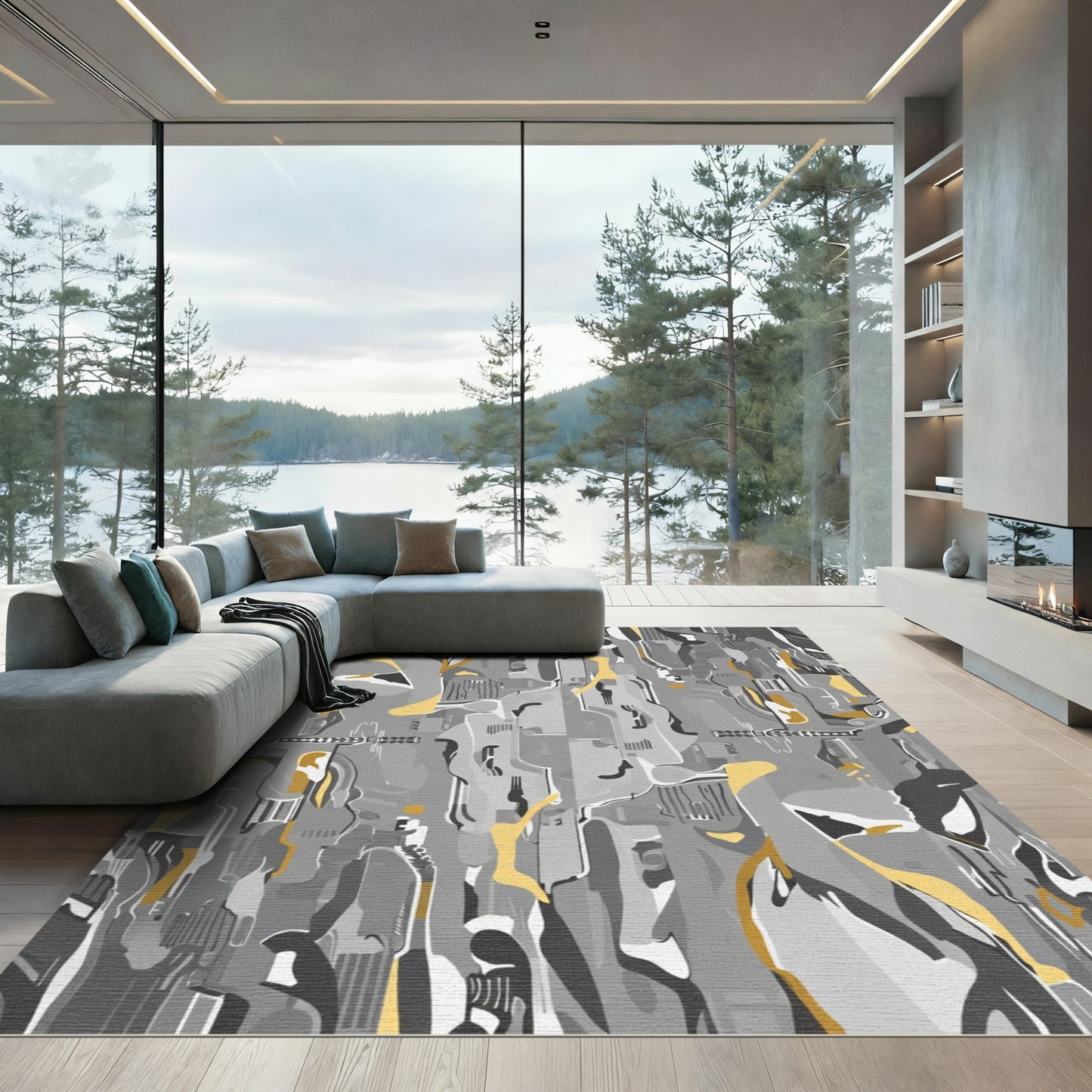 Abstract Gray Gold Fluid Motion Rug