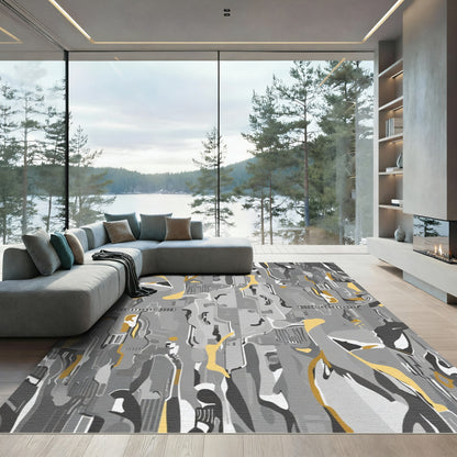 Abstract Gray Gold Fluid Motion Rug
