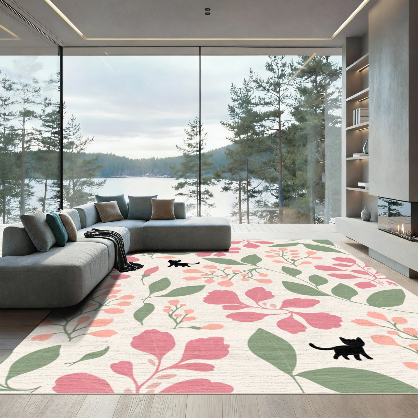 Whimsical Pink Green Flowering Cat Garden Rug