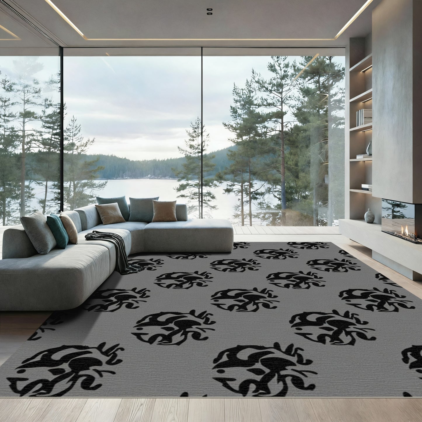 Gray Black Abstract Medallion Rug