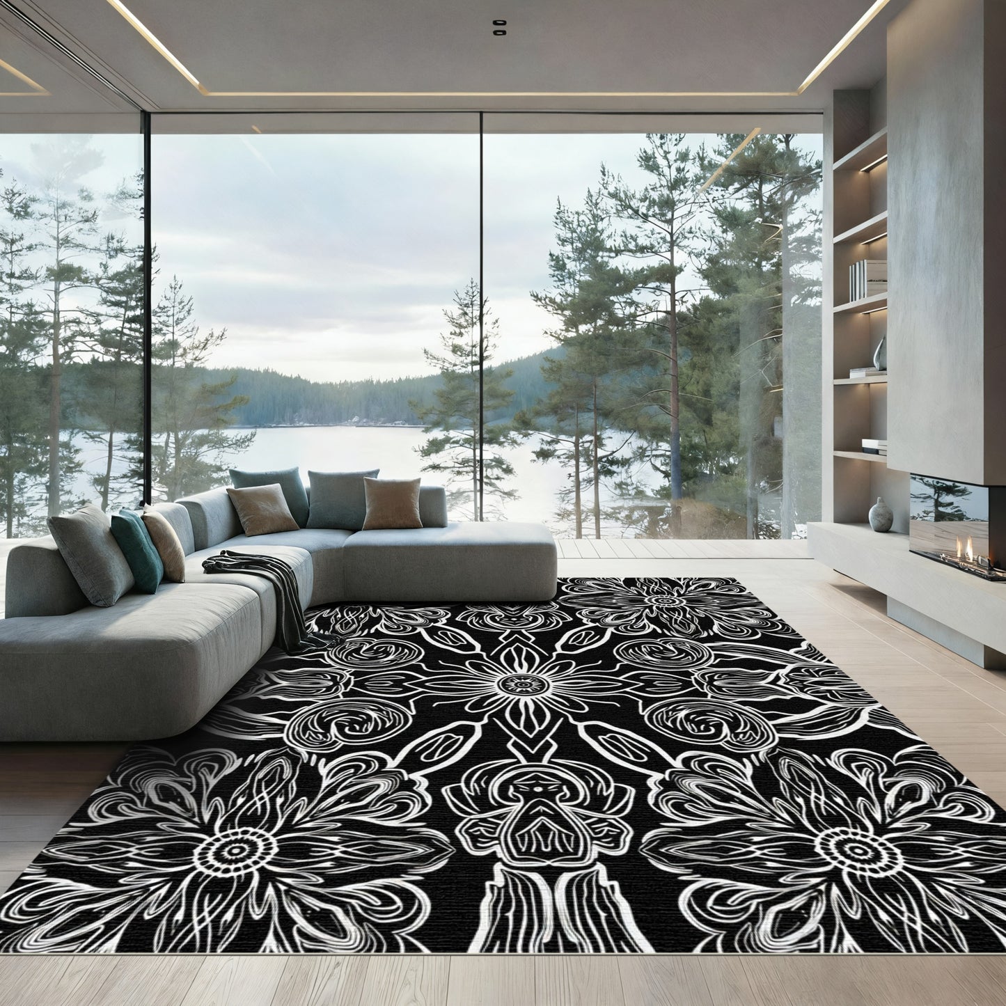 Black White Intricate Floral Mandala Rug
