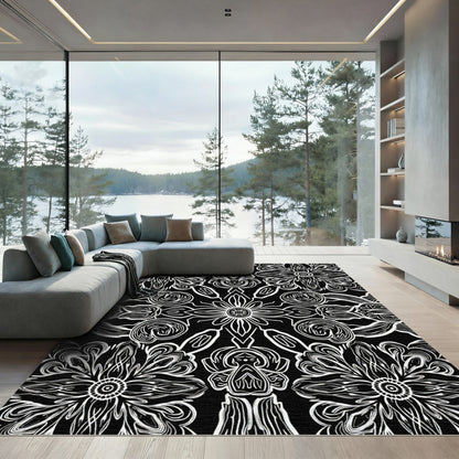 Black White Intricate Floral Mandala Rug