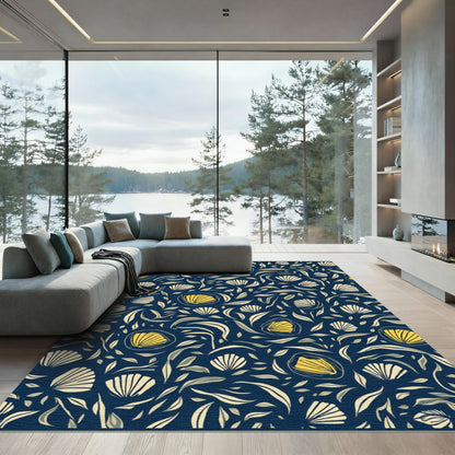 Navy Yellow Shell Floral Abstract Rug