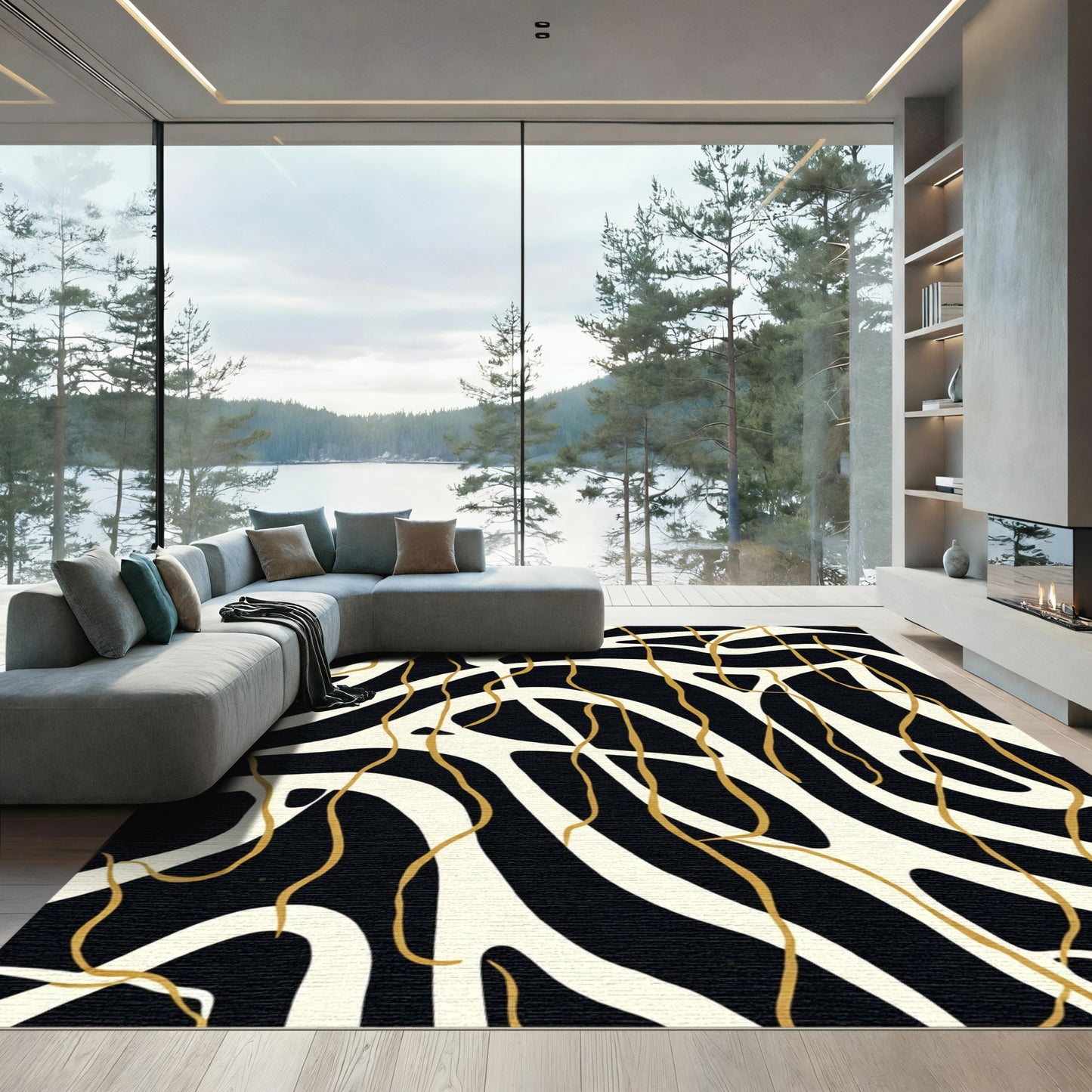 Black Cream Golden Abstract Waves Rug