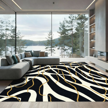 Black Cream Golden Abstract Waves Rug