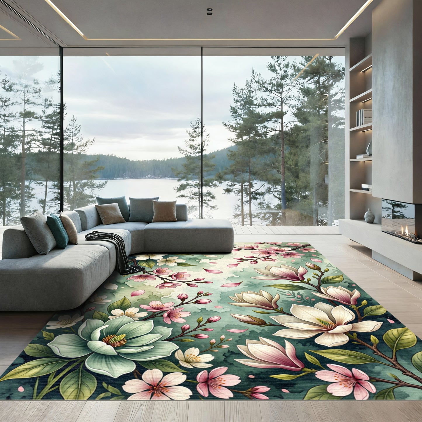 Watercolor Cherry Blossom and Magnolia Garden Rug
