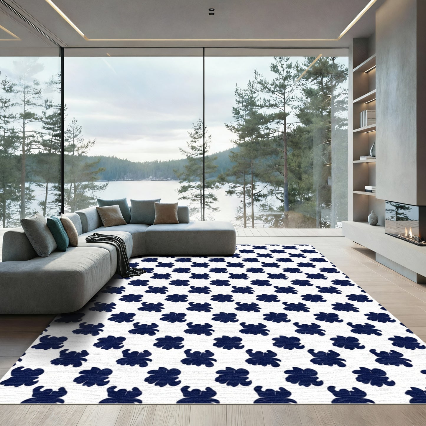 Navy Blossom Repeating Pattern Rug