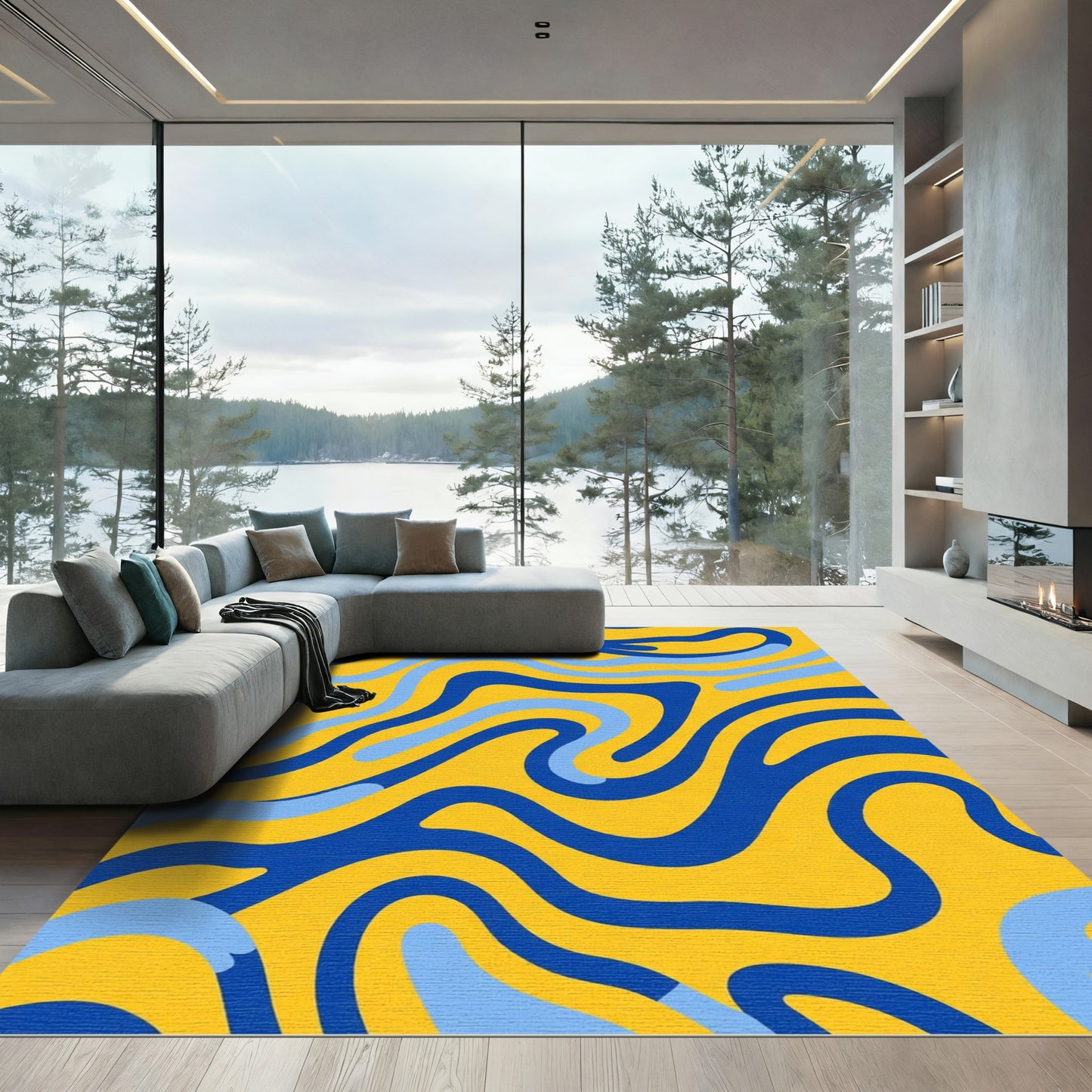Bold Blue Yellow Swirls Rug