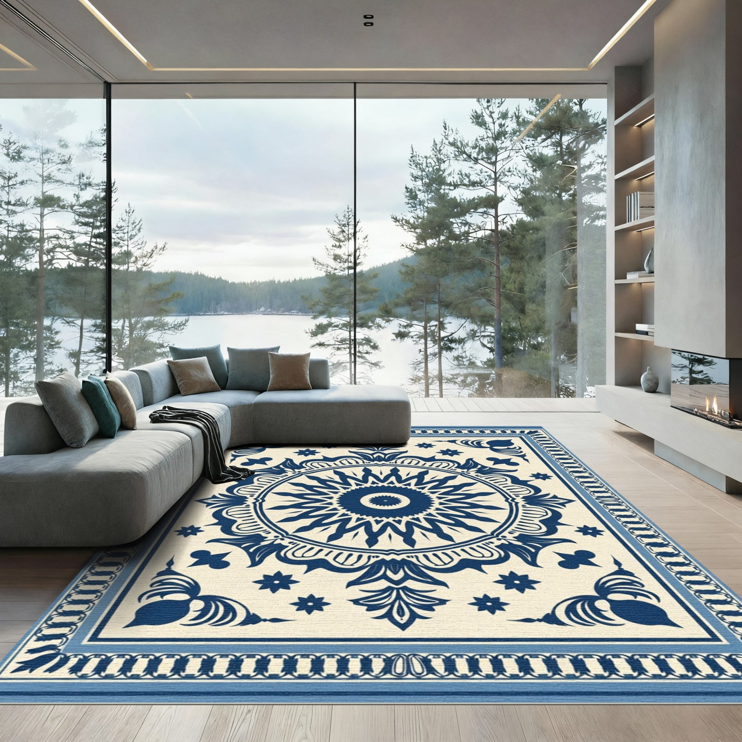 Navy White Floral Medallion Mandala Rug