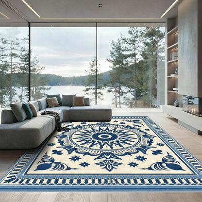 Navy White Floral Medallion Mandala Rug