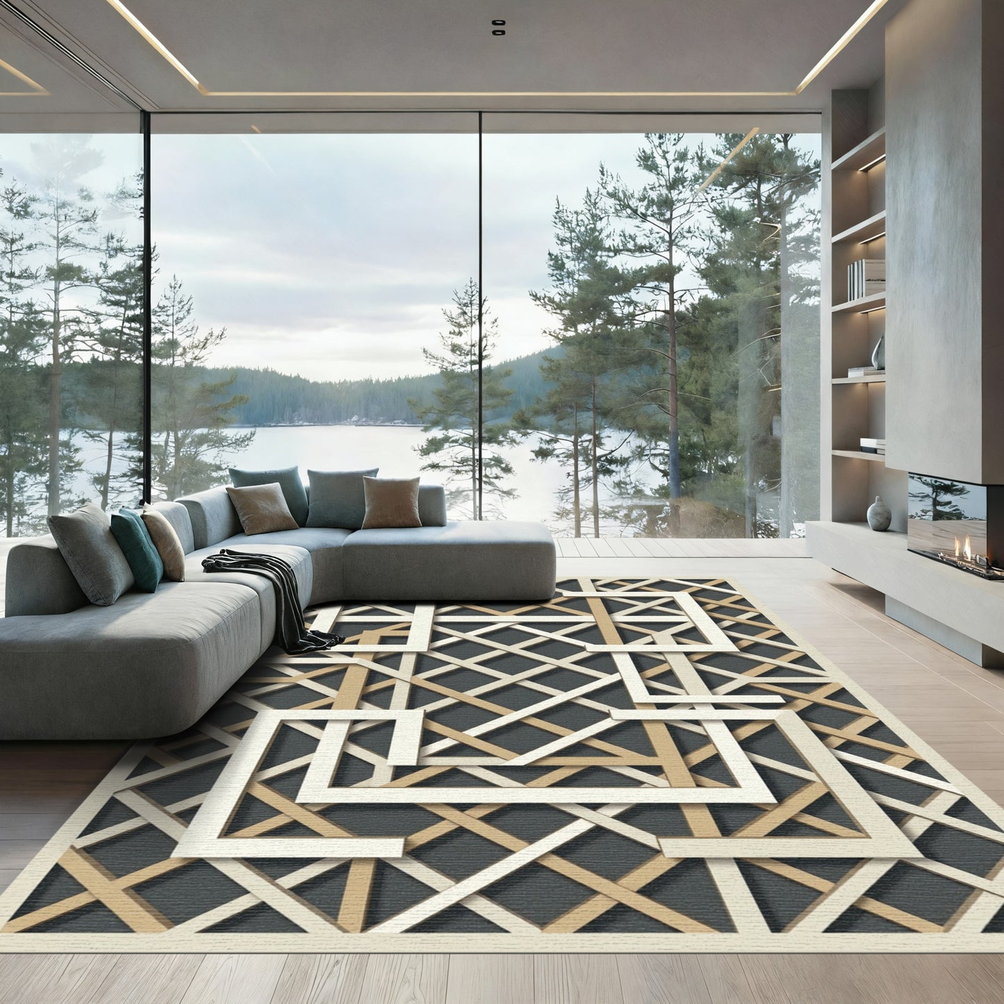 Modern Geometric Intersecting Cream Gold lines Rug