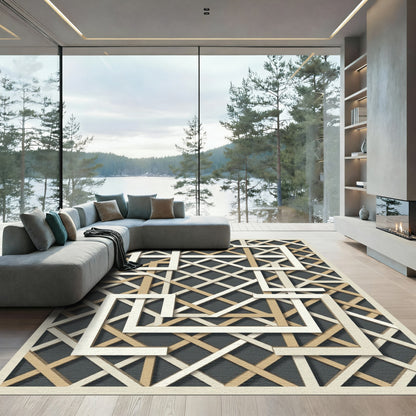 Modern Geometric Intersecting Cream Gold lines Rug