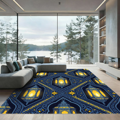 Midnight Blue Ornate Lantern Geometric Rug