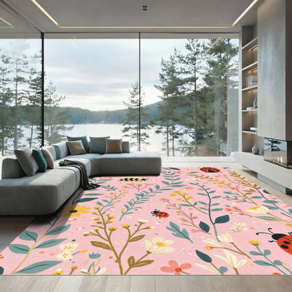 Pink Garden Ladybug Bee Floral Meadow Rug