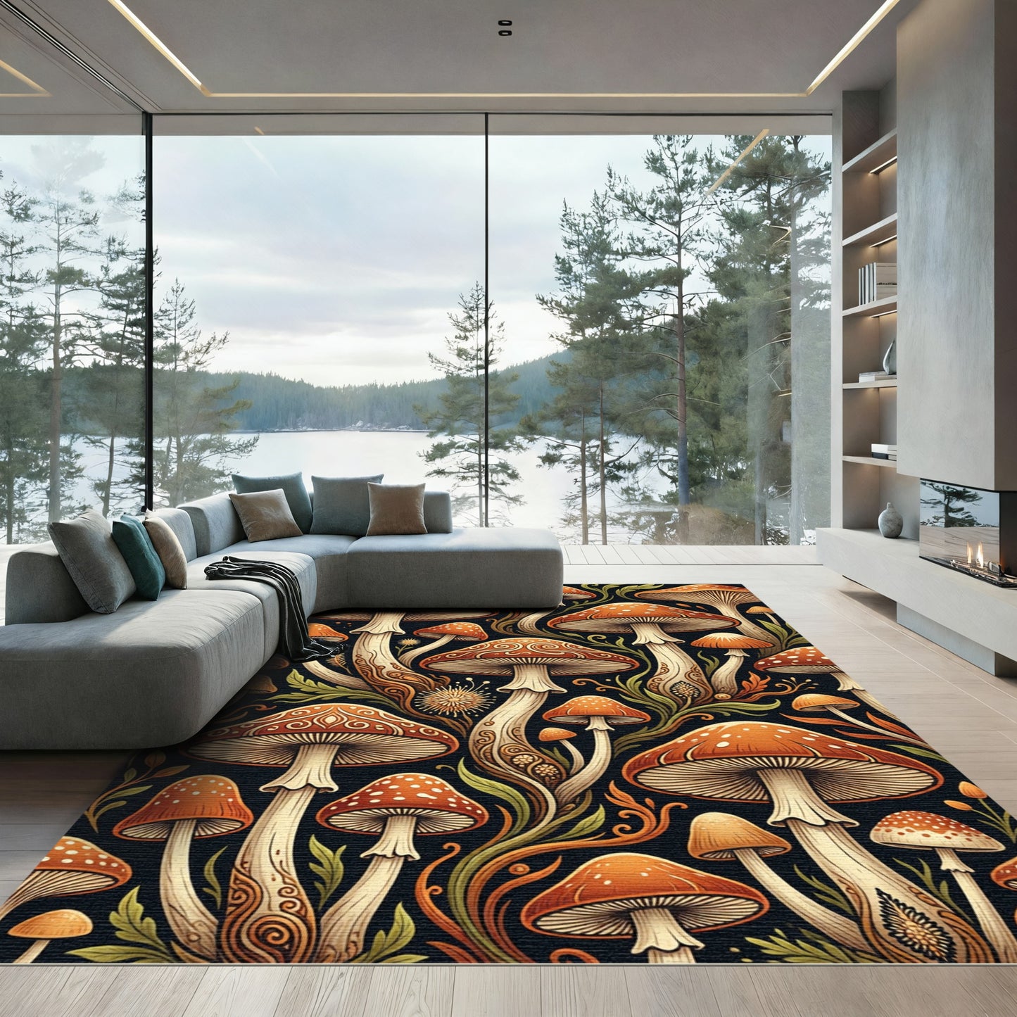 Enchanted Orange Mushroom Forest Art Rug