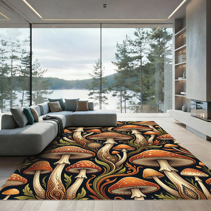 Enchanted Orange Mushroom Forest Art Rug