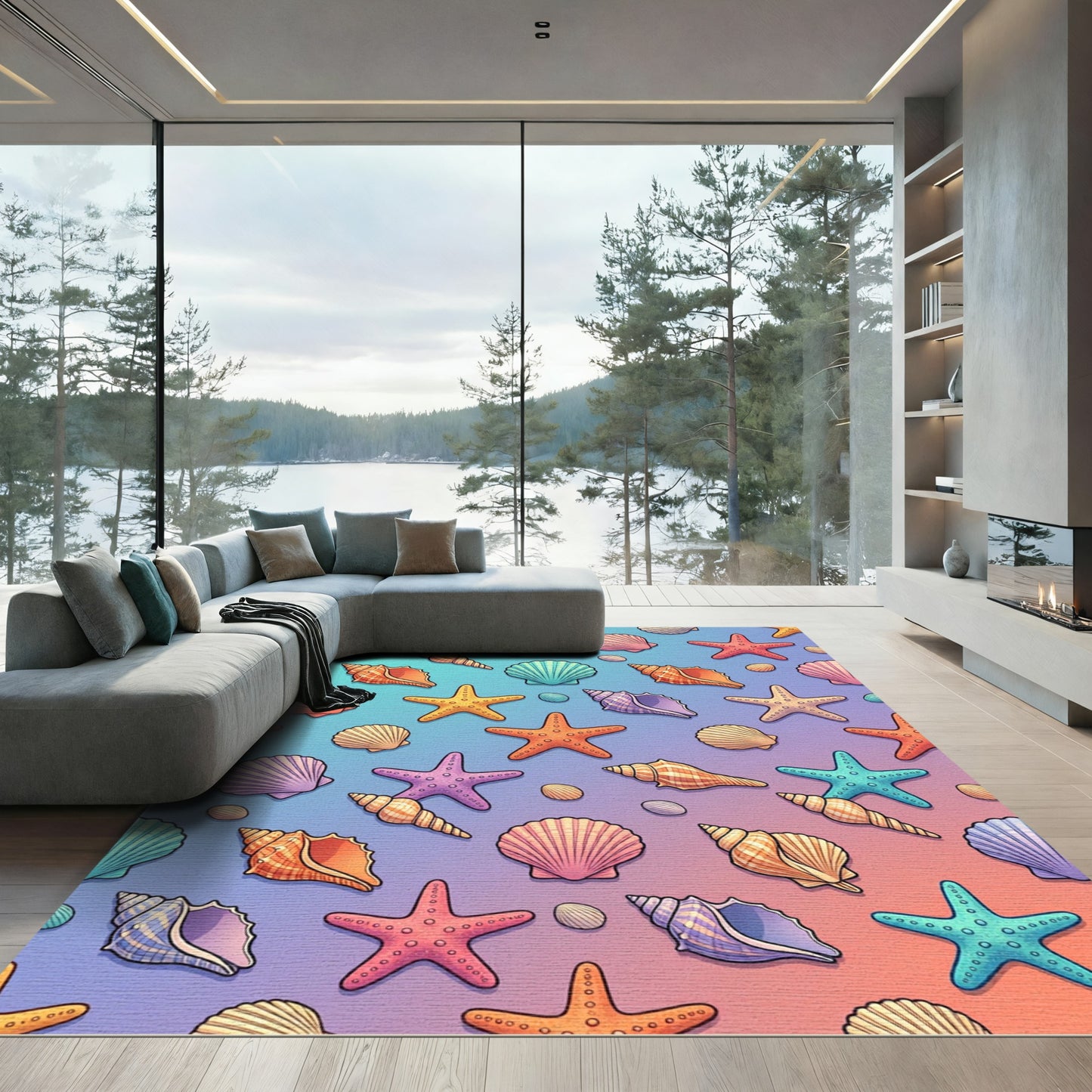 Vibrant Coastal Seashell Gradient Sea Life Rug