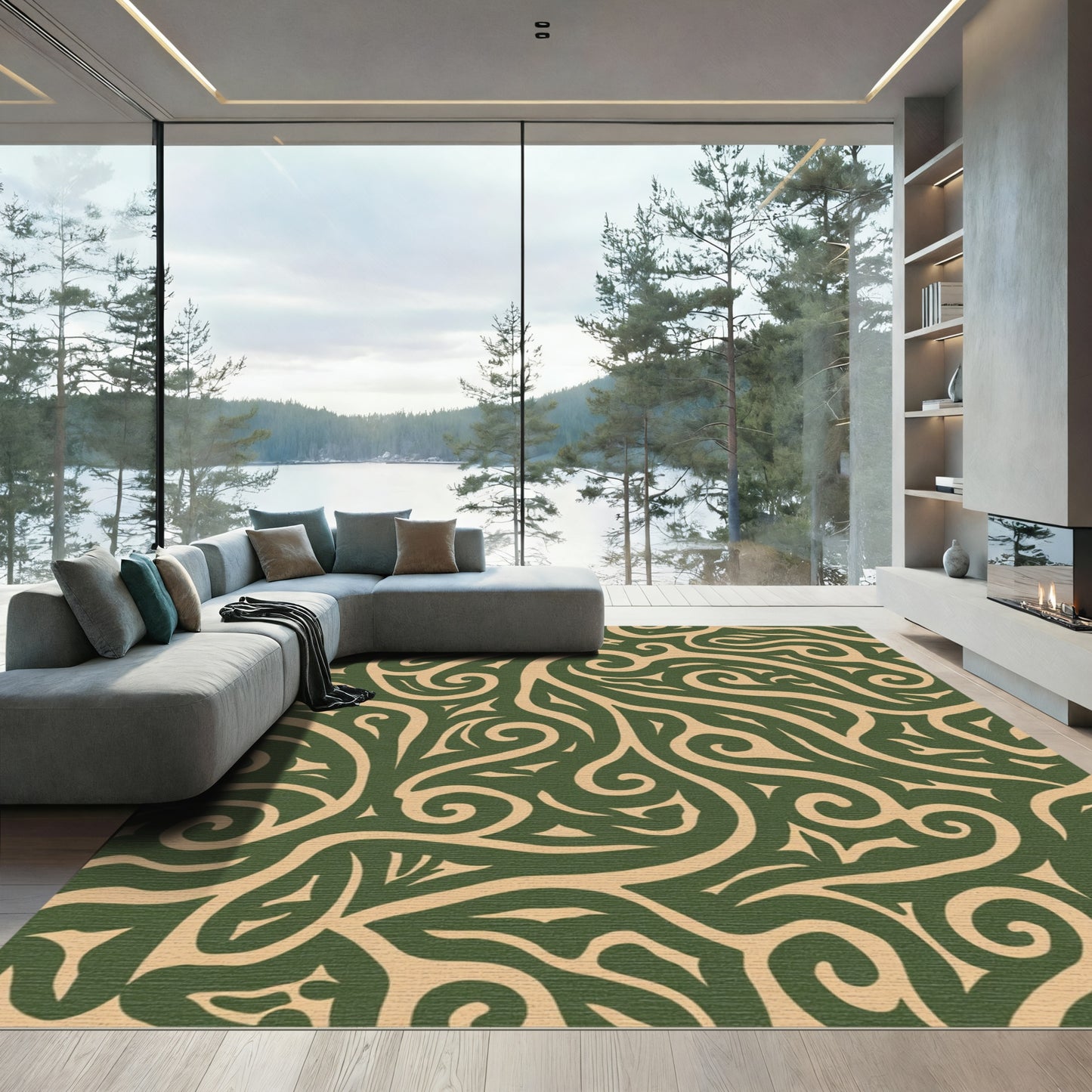 Emerald Swirl Calligraphy Abstract Rug
