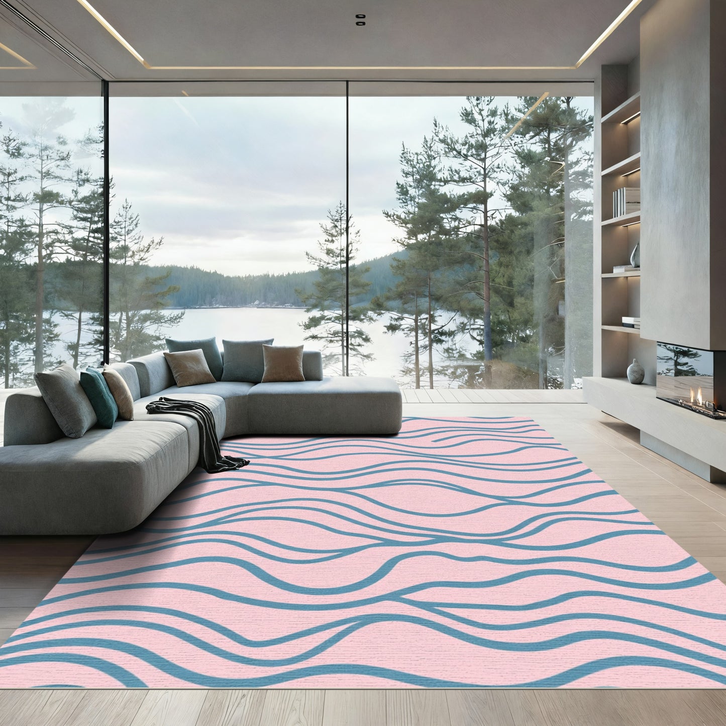 Pink Teal Wavy Lines Rug