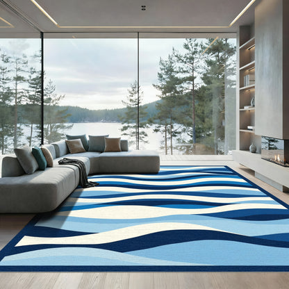 Deep Blue Ocean Wave Stripes Rug
