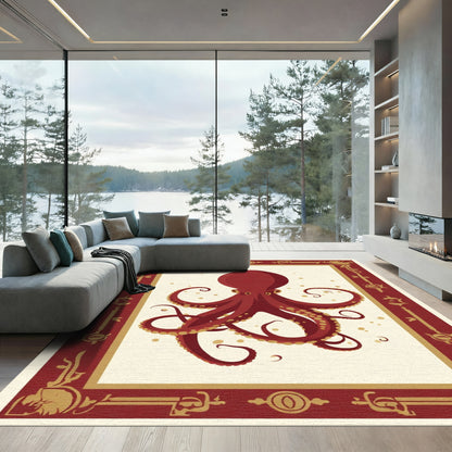 Crimson Octopus Bordered Art Rug