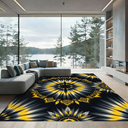 Radiant Gold Black Sunburst Feather Rug