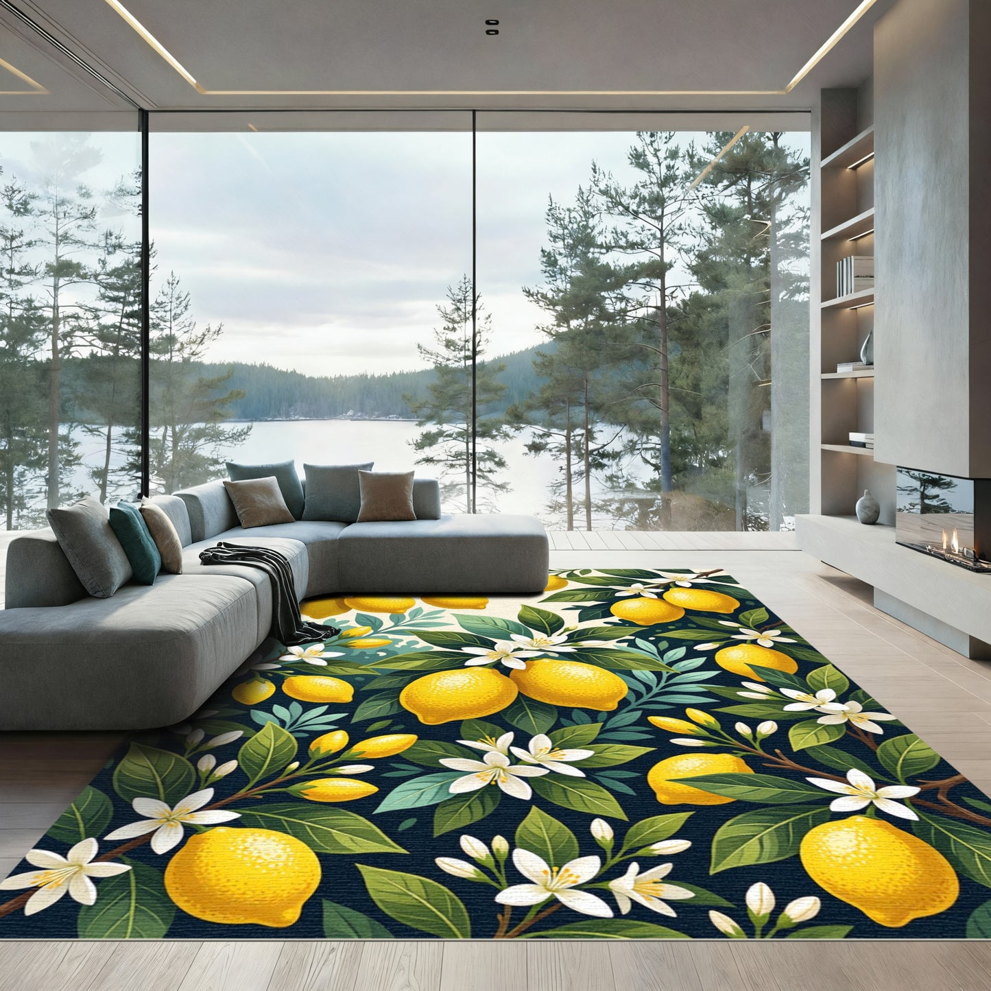 Vibrant Sunny Lemon Blossom Botanical Garden Rug