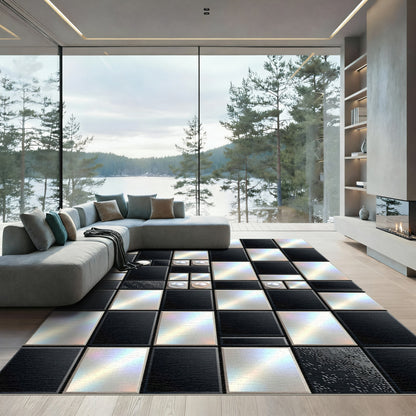 Modern Metallic Black and Silver Grid Rug