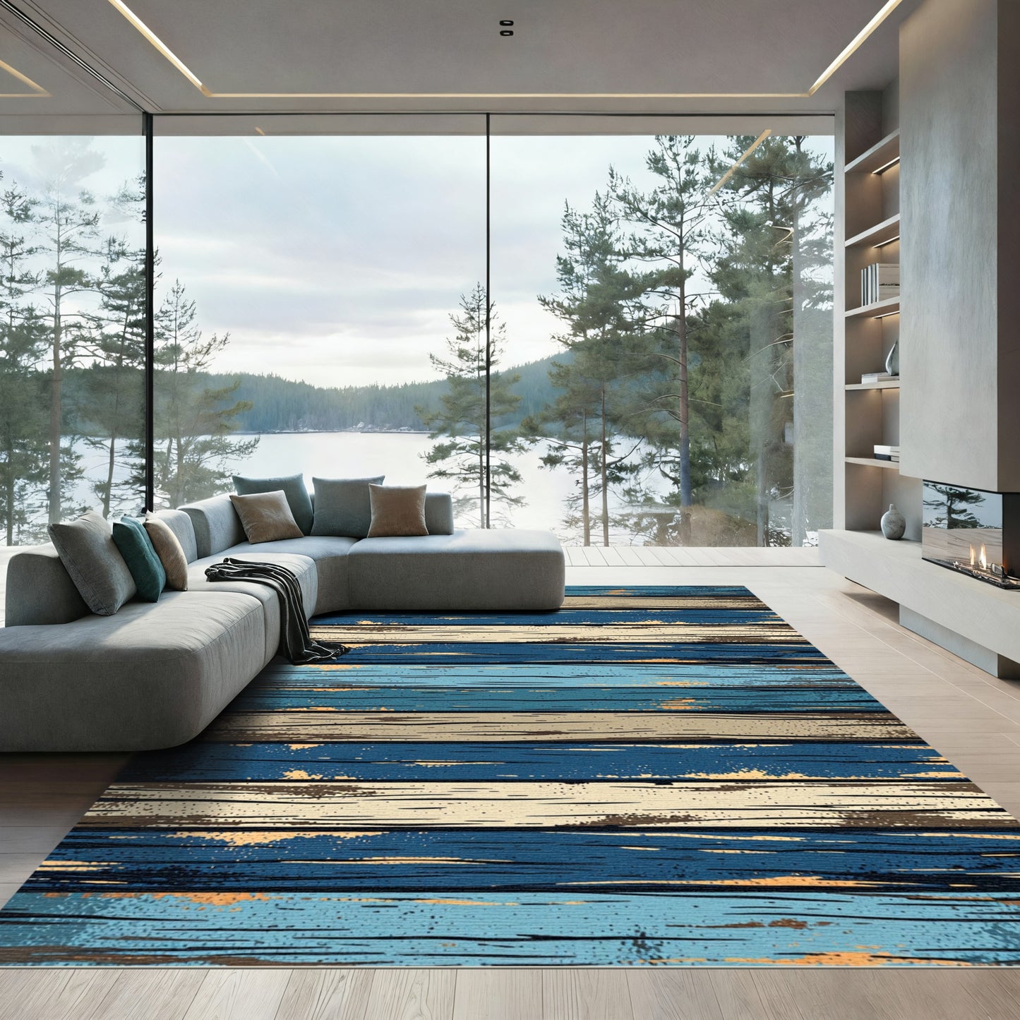 Rustic Navy and Beige Distressed Planks Rug