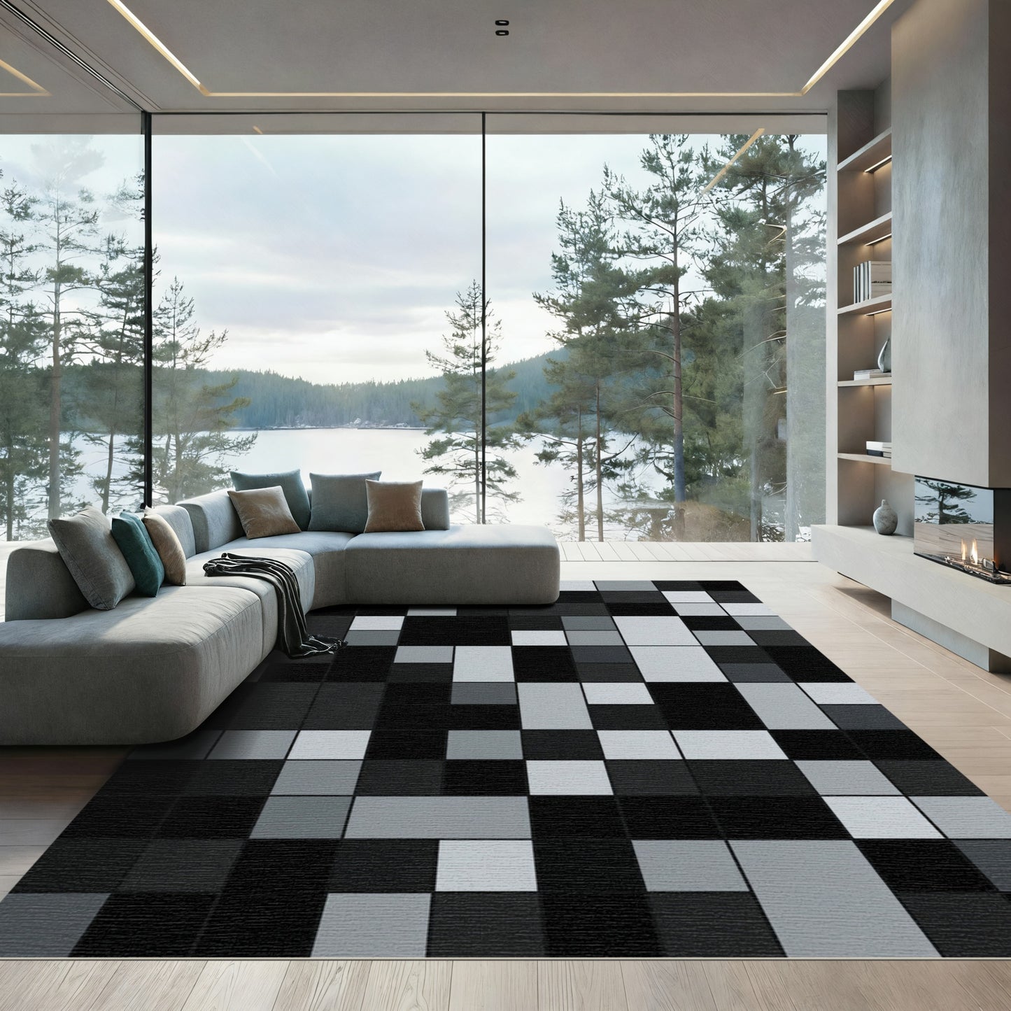 Modern Minimalist Monochrome Geometric Grid Rug